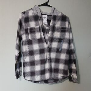 OshKosh B'gosh Black & White Plaid Hooded Button-Down Shirt Size 14 NWT